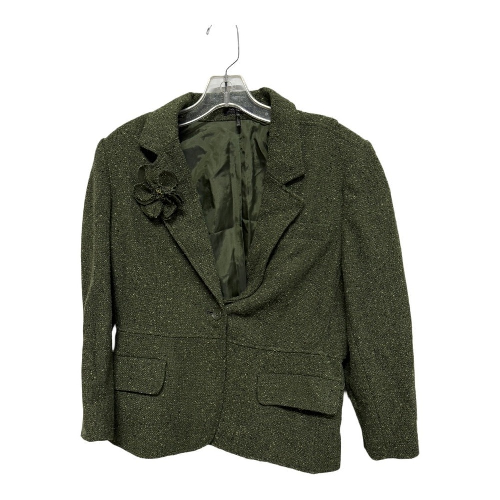Daisy Fuentes vintage wool blend cropped blazer removable flower pin olive green